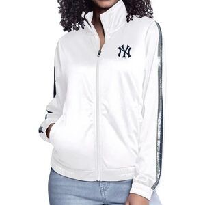 G-III Yankees Sequin Track Jacket XL White Full Zip Stretch Bling